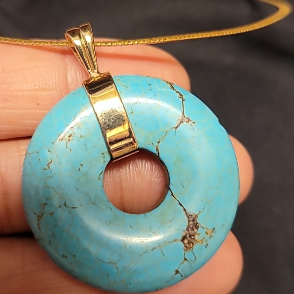 14k Vintage Huge  Turquoise and Gold Pendant Necklace - Picture 3 of 6